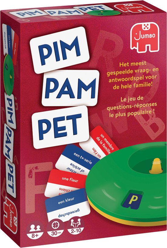 Doos van het spel Pim Pam Pet met de tekst 'Het meest gespeelde vraag- en antwoordspel'.