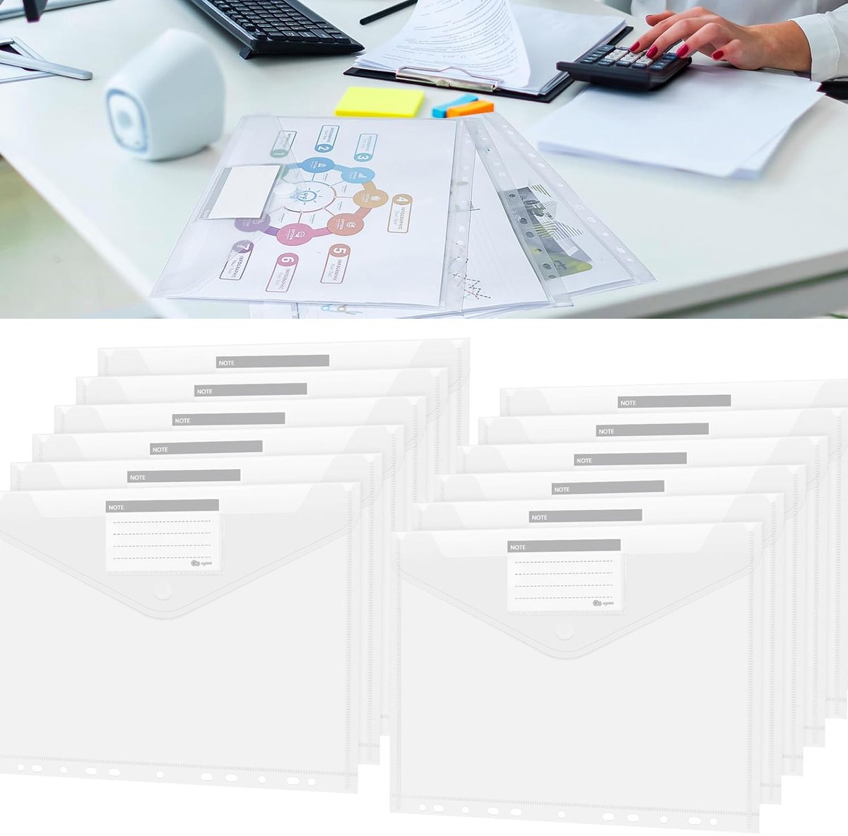 12 Stuks A4 Plastic Portemonnees - Waterdichte Plastic Dossiermappen - Doorzichtige Documentenmappen - A4-Envelop Met 11 Gaten