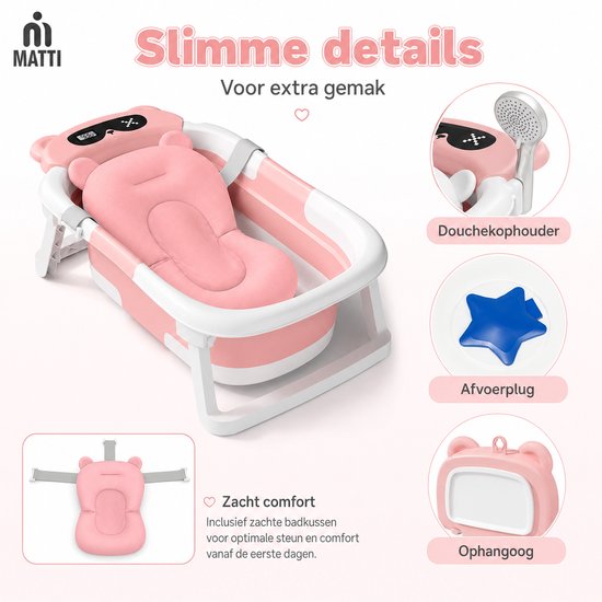 MATTI® - Baby Bad- Babybad - Baby Badset - Opvouwbaar - Inclusief Kussen en Thermometer - Roze — afbeelding 4