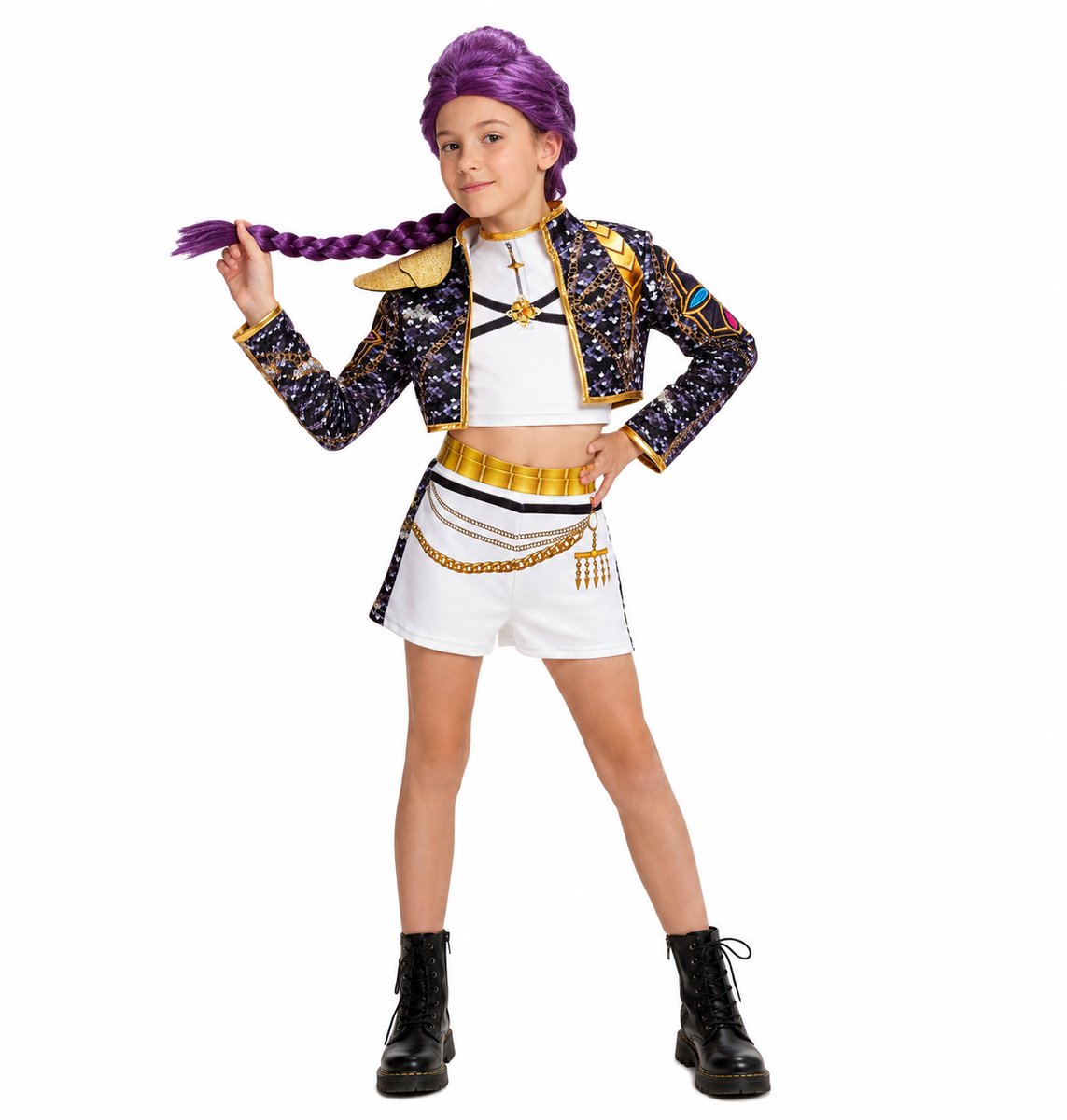 Joya Kids® K-pop Stijl Meisjes Verkleedset | Geïnspireerd op de Demonenjagers Helden | Rumi Geïnspireerd Kostuum voor Kinderen | Verkleedkleding voor Carnaval & Halloween | Cosplay Outfit Meisje | Maat 120 - 130 | 6-8 Jaar | Medium