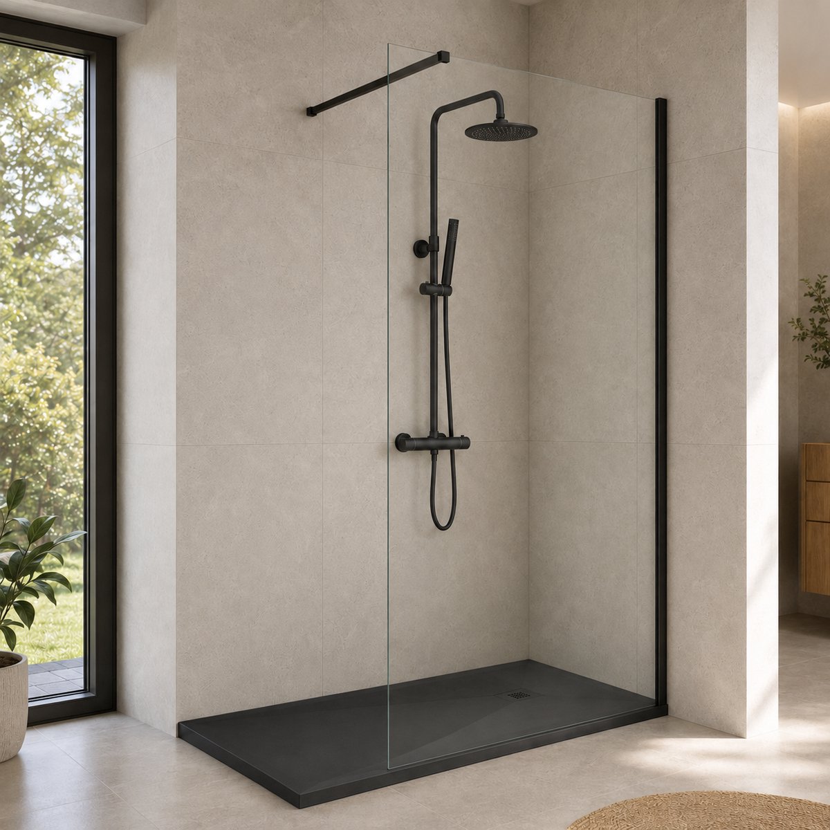 ILYA Complete Inloopdoucheset 120x90 cm Mat Zwart – Composiet Douchebak 3 cm – Douchewand 120x200 cm 8 mm Glas – Thermostatische Regendouche Ø25 cm