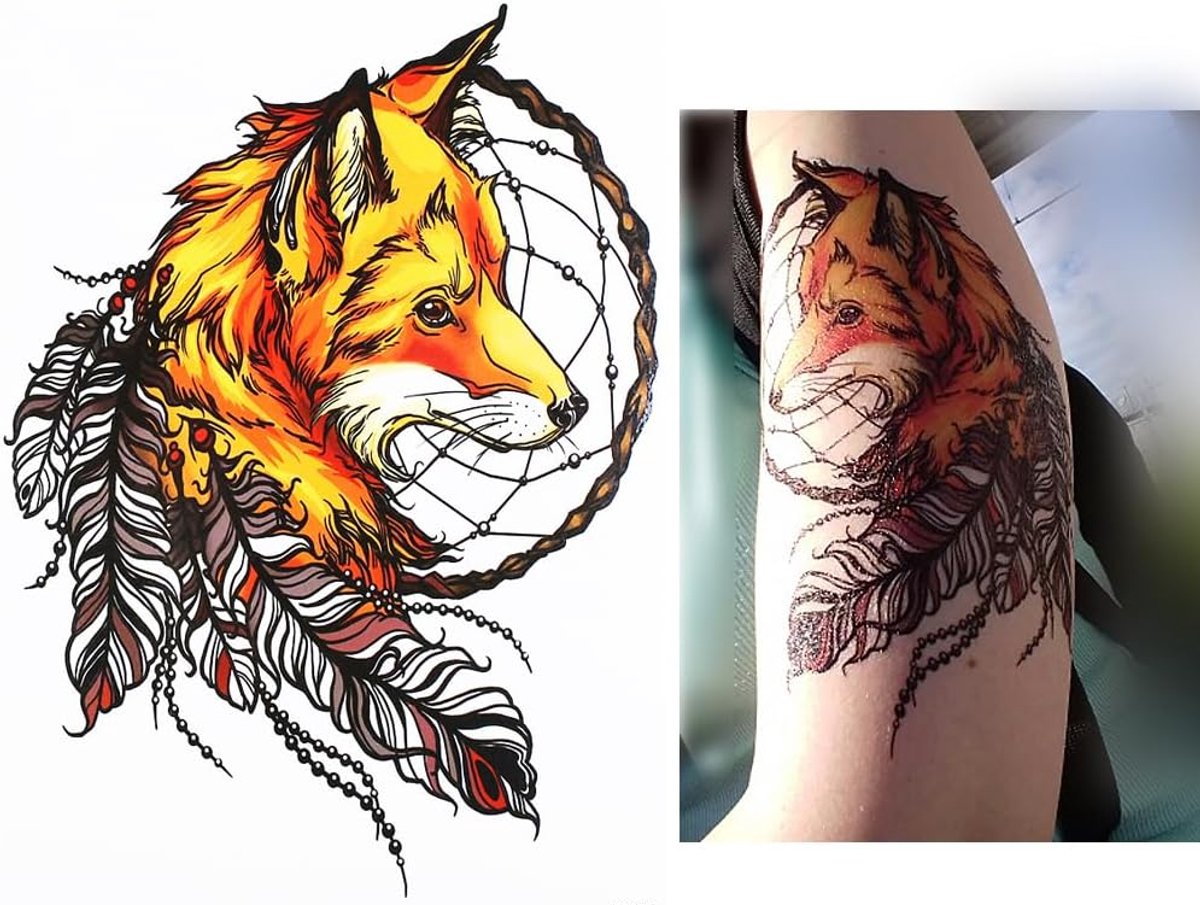 Temporary Tattoo Vos/Dromenvanger (A5 formaat) [Neptattoo - Tijdelijke tatoeage - Nep Fake Tattoos - Water overdraagbare festival sticker henna outfit tattoo - Glitter tattoo - Volwassenen Kinderen Jongen Meisje]