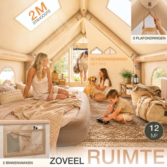 Interieur van beige ELONEO glampingtent, met gezin, hond en meubels, met 2 meter stahoogte en 12m² woonruimte.
