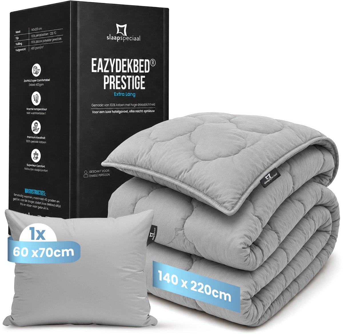 Slaapspeciaal eazydekbed Hotel Prestige - Grijs - 140x220 cm - Wasbaar Dekbed zonder Overtrek - 100% Katoen - Warmteklasse 1 - 400 g/m² - Extra Lang - Inclusief Kussenslopen - Eenpersoons Dekbed