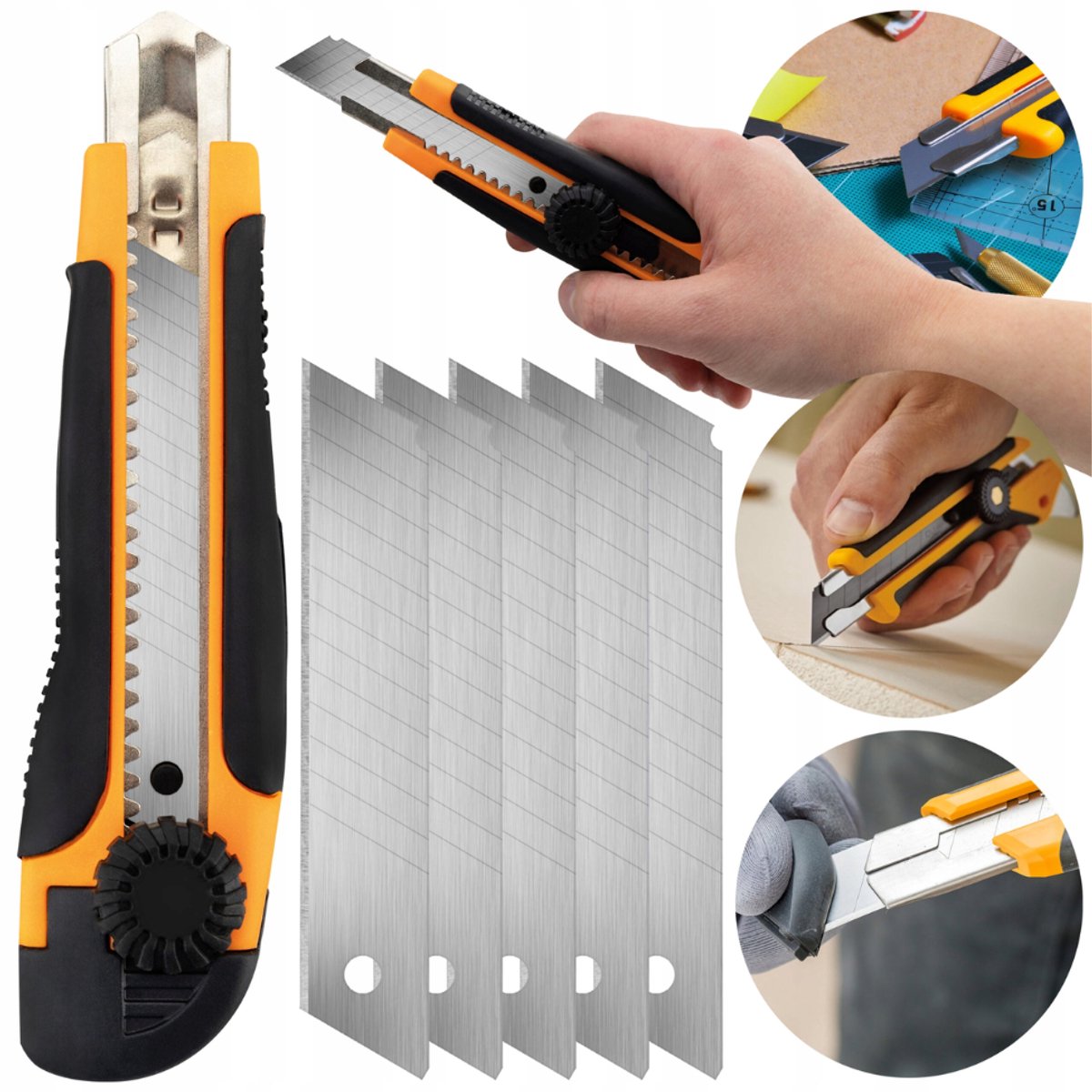 Stanleymes 18 mm met 4 Reservemessen – Ergonomisch Afbreekmes – Antislip Handgreep – Heavy Duty Cuttermes – Zwart/Oranje – 16,5 cm