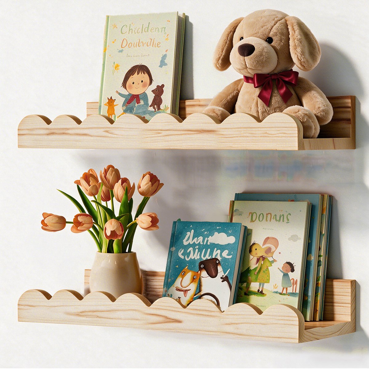 Zwevende planken 2 stuks - 42 cm - Houten boekenplanken voor kinderkamer - Golvende rand wandplanken - Boekenplanken voor slaapkamer, babykamer en kinderkamer - hout