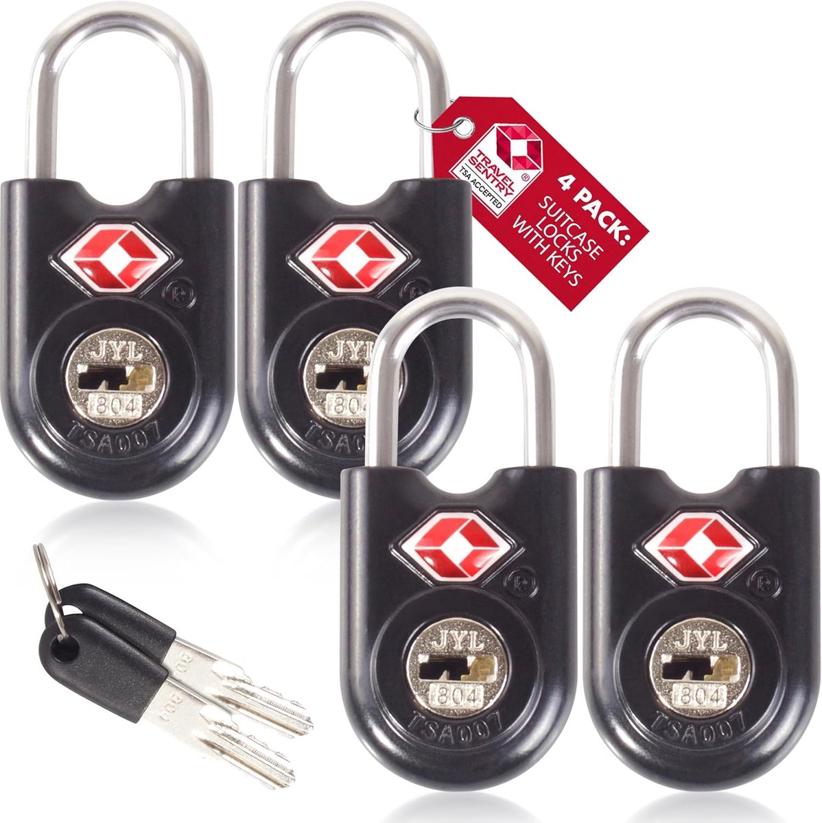 SnelShoppen - OW-Travel TSA Slot Hangslot met Sleutel, Bagageslot voor Koffers en Reisbagage, Zwart, 4 Stuks, Veiligheidslot voor Reizen en Vakanties