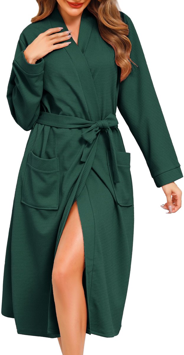 SnelShoppen - Vlazom Badjas Dames Katoen Wafelpatroon Ochtendjas met Zakken en Riem Effen Donkergroen 3XL Comfortabele Huisjas voor Relaxen en Wellnes
