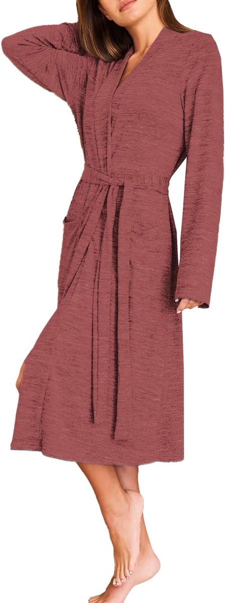 SnelShoppen - Lichte Badjas Dames Lange Kamerjas V-hals Zacht Comfortabel Nachtkleding Uitgangskleding Bordeaux M