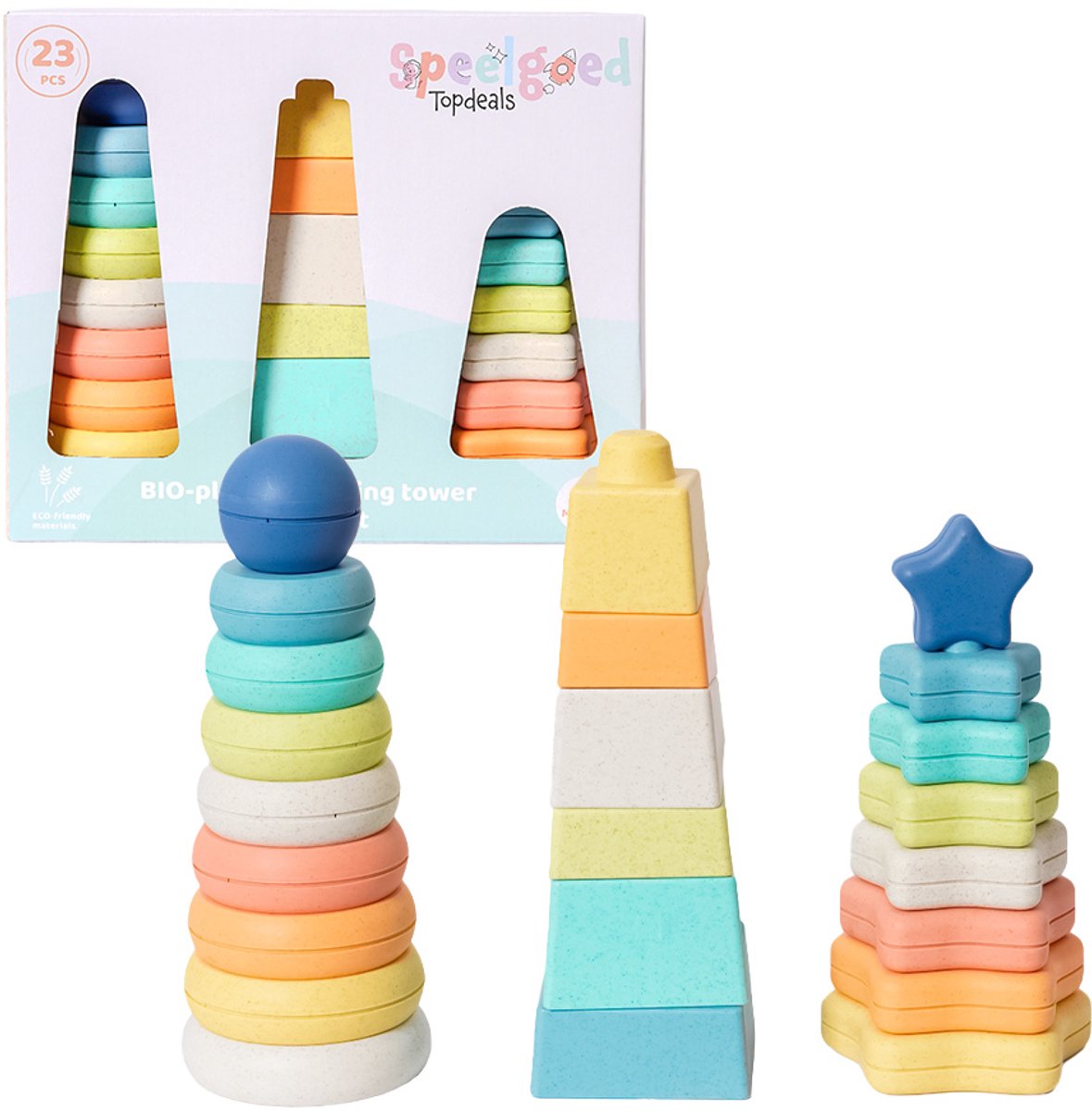Speelgoedtopdeals - BIOplastic Stapeltoren Vormenset 23-delig - Duurzaam Speelgoed