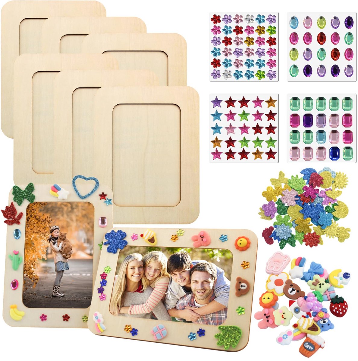 SnelShoppen - 6 stuks Houten Fotolijstenset met Glitterstenen, Zelfklevende Schuimrubberstickers, 3D-Stickers, Doe-Het-Zelf Lijst om te Beschilderen v