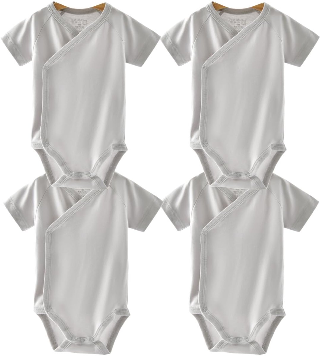 SnelShoppen - Baby Korte Mouwen Kimono Kledingset, Katoen, 4 Stuks, Grijs, 0-3 maanden, Baby Jongens en Meisjes, Comfortabele Bodysuit Set