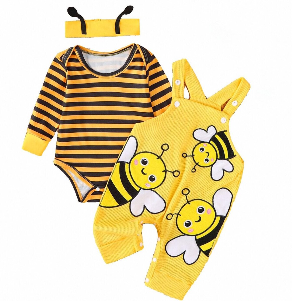 SnelShoppen - Kleding voor Pasgeborenen Jongens - Corduroy Beerprint Tops met Lange Mouwen en Bretels - Overalls met Zakken - Gele Bij - 3-6 Maanden