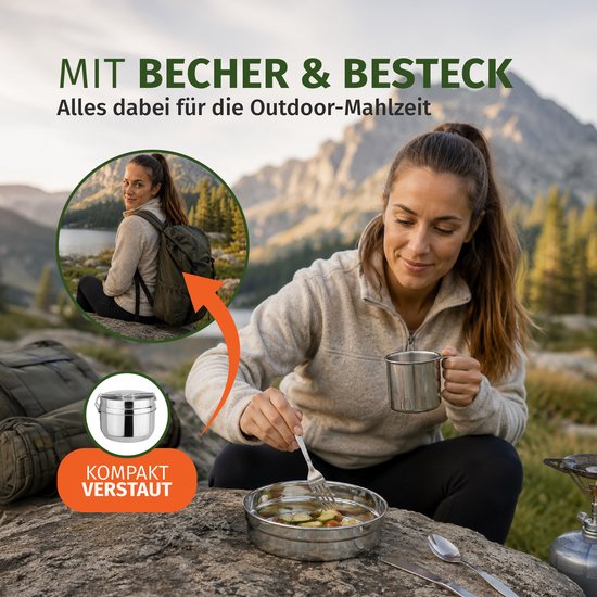 Moritz Camping Kookset 7-delig RVS - Kampeerservies met 2 Pannen, Bord, Beker en Bestek - Stapelbaar en Lichtgewicht voor Kamperen, Wandelen, Trekking en Picknick — afbeelding 5