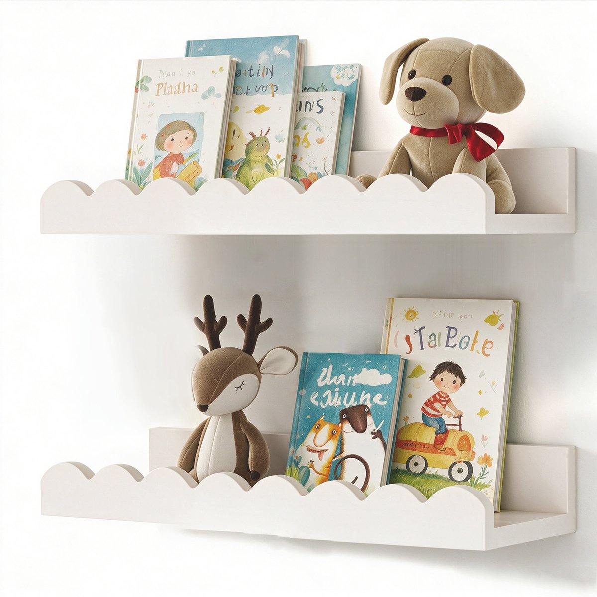 Zwevende planken 2 stuks - 42 cm - Houten boekenplanken voor kinderkamer - Golvende rand wandplanken - Boekenplanken voor slaapkamer, babykamer en kinderkamer - wit