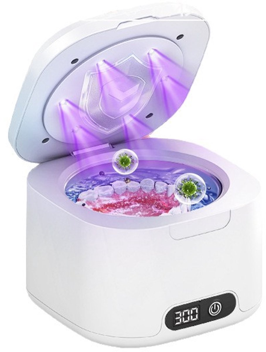 Ultrasoonreinigingsapparaat voor beugels – 48.000 Hz UV – ultrasoonreiniger voor kunstgebitten – 4 timerstanden – roestvrijstalen bak – voor brillen, sieraden.