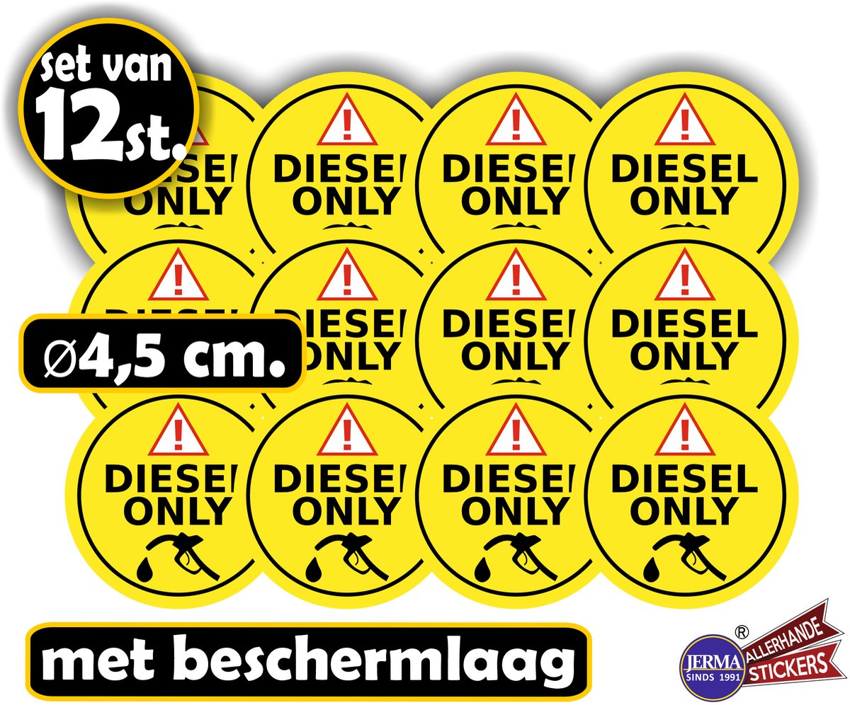 Jerma - Diesel Only – Stickers 12 st – Ø 4.5 cm - Watervast – Krasbestendig - Zelfklevend - Vinyl