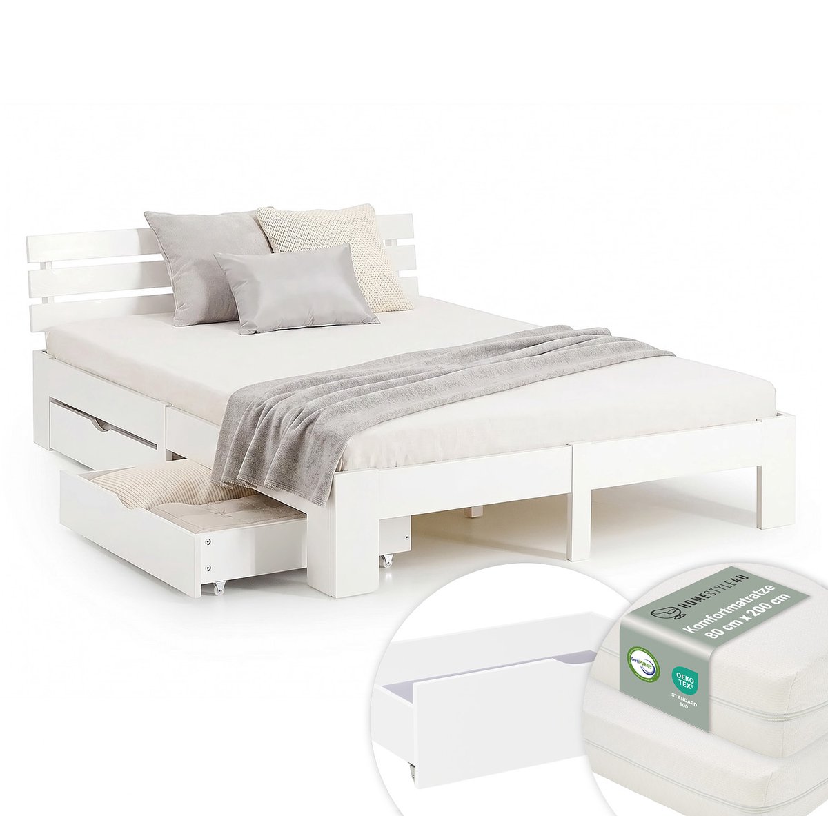 Homestyle4u Tweepersoonsbed - 160x200 cm - met 2 Bedbakken en matrassen - Wit