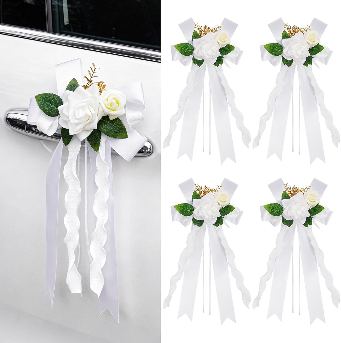 SnelShoppen - Witte Rozen voor Trouwauto, 4 Decoratieve Bloemen met Zuignappen voor Auto Deurgrepen, Bruiloft Decoraties voor Trouwauto's, Perfect voo