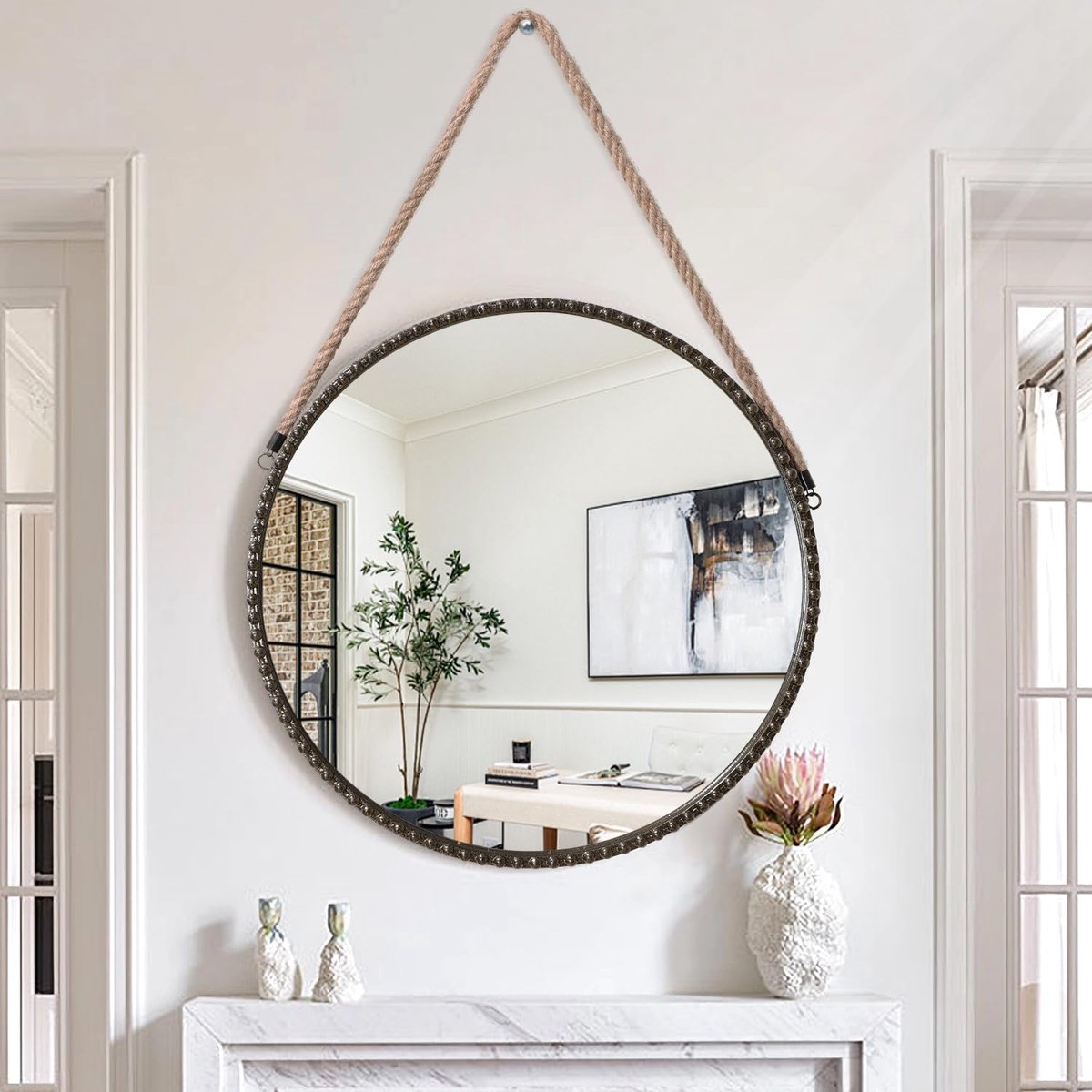 SnelShoppen - Ronde Metalen Muur Spiegel 60x60cm met Touw en Kralen - Brons Decoratieve Spiegel voor Badkamer, Slaapkamer en Entree - Cirkelvormige Om