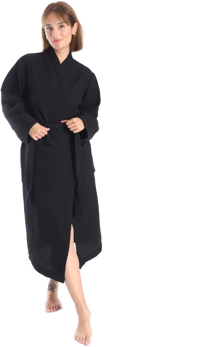SnelShoppen - Badjas 100% Katoen Wafelstof, Reisbadjas voor Dames en Heren, Zacht, Absorberend, Lichtgewicht, Spa Badjas, Zwart, M