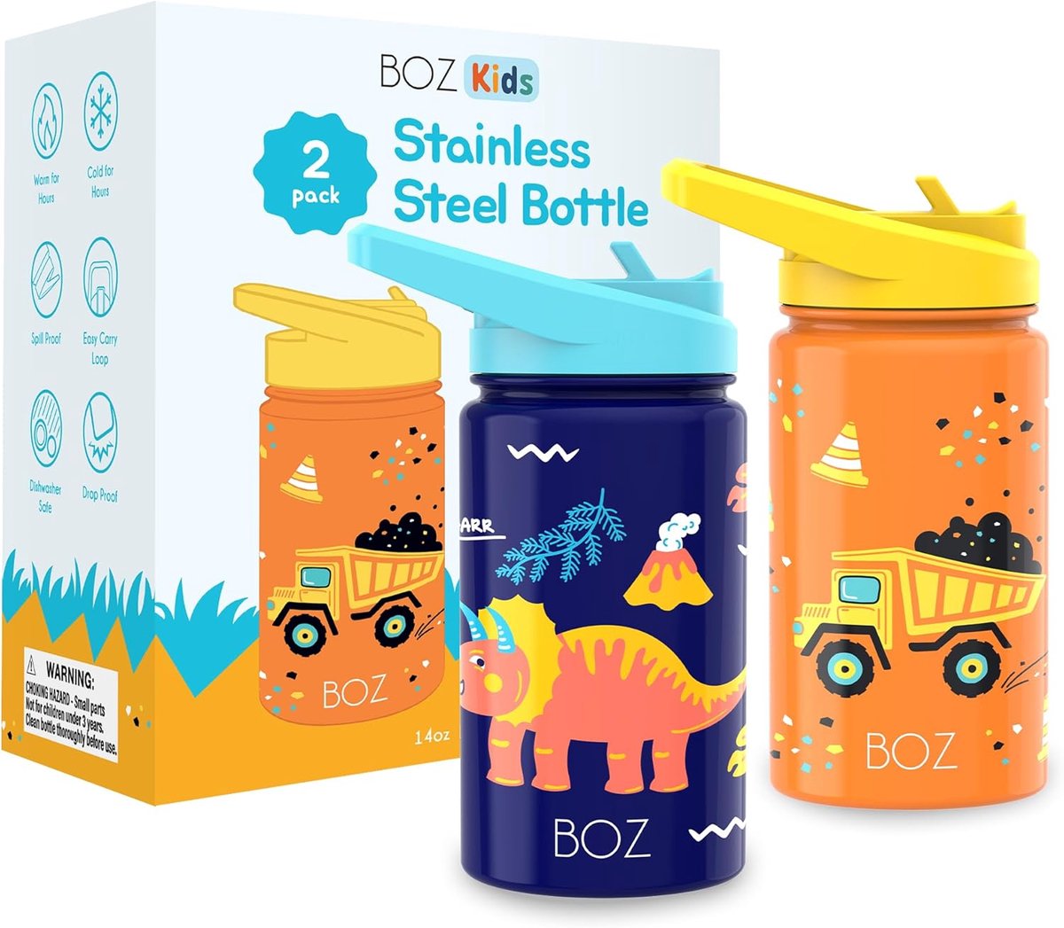 SnelShoppen - Kinder Drinkfles met Rietje en Deksel, Geïsoleerde RVS Fles, Vaatwasserbestendig, Lek- en Spillproof, BPA-vrij, 414 ml, Bouwplaats en Di