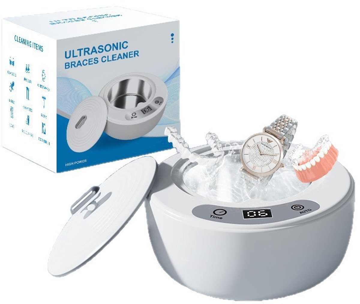 Ultrasoonreiniger 49.000Hz met UV-lamp – 5 modi – beugelreiniger – ultrasoonreiniger – 200 ml ultrasoonbad – voor kunstgebitten, gebitsbeschermers, sieraden.