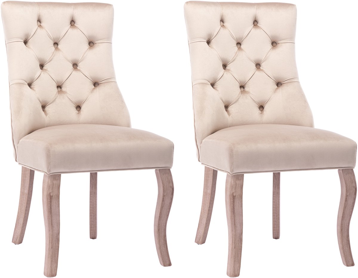 Eetkamerstoelen Beige - Fluwelen Stoel - Houten Stoelen-Ergonomische Stoel – Hoge Rugleuning – Knoopdetails – Houten Poten - Schuimvulling - Eetkamer - 51x47cm- 2 Stuks-Beige