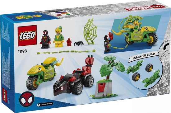 LEGO Marvel set met Spidey, Spin, Electro en voertuigen. Op de doos staat 'LEARN TO BUILD'.