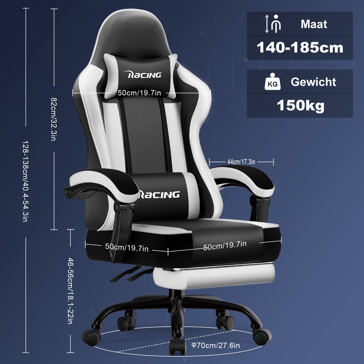 Elekiatech Gaming Stoel Model B Wit met Inklapbare - afbeelding 3