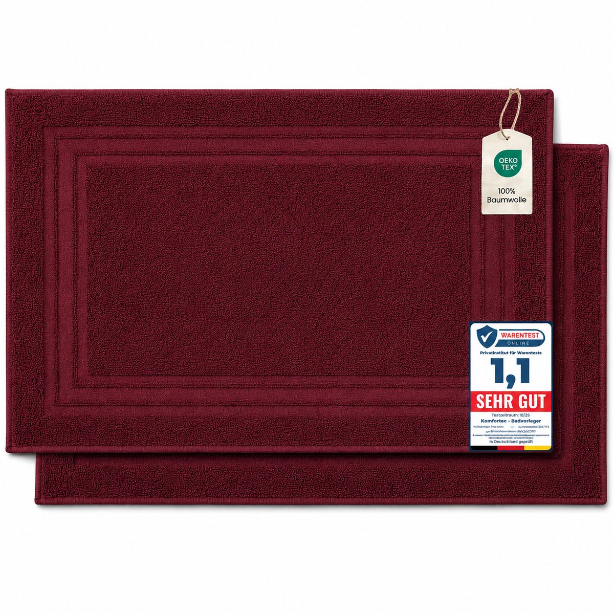 Komfortec Badmat - 2 stuks - Handdoek Dikte - Hotelkwaliteit - Zachte en Absorberende Douchemat - 50x70 cm - 100% Katoen – Roestbruin
