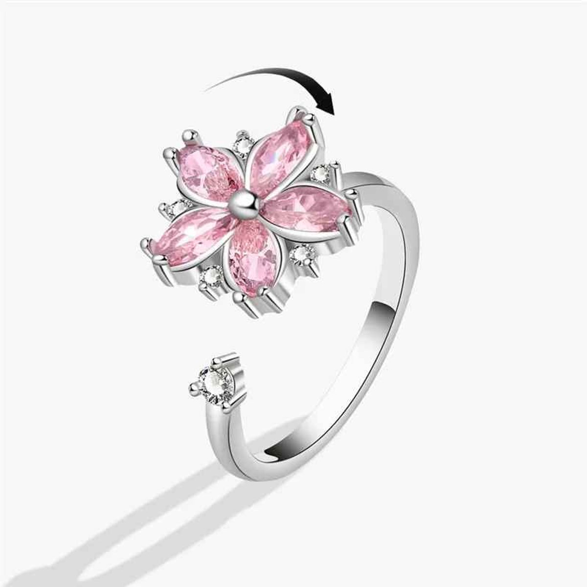 Anxiety ring dames Ascella - Zilverkleurig - Draaibare roze bloem
