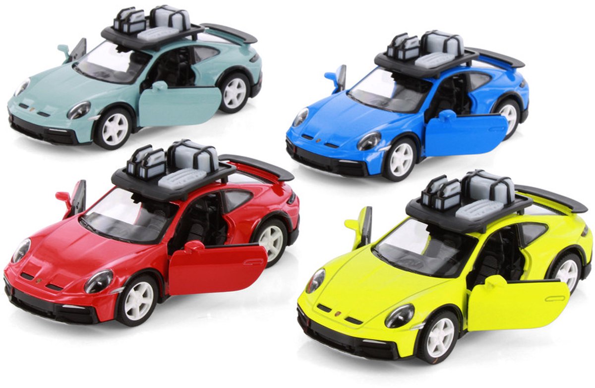 Porsche 911 Rallye met dakdrager - Kinsmart - Gegoten modelauto's op schaal 1/36 verkoop per stuk 4 kleuren