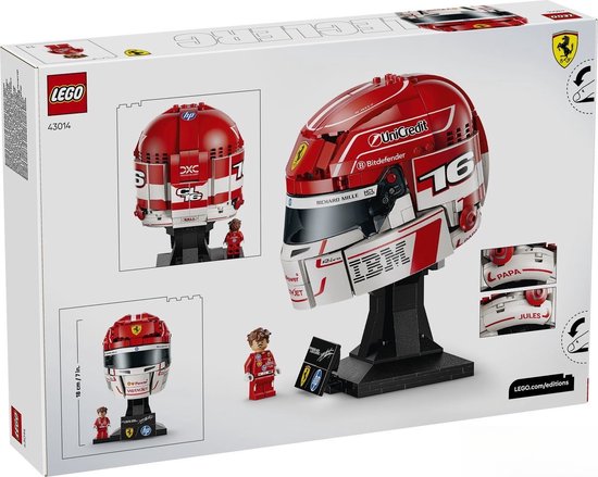 Doos LEGO helm Charles Leclerc, met afbeeldingen van de helm en figuur, en tekst "LEGO Editions Scuderia Ferrari".