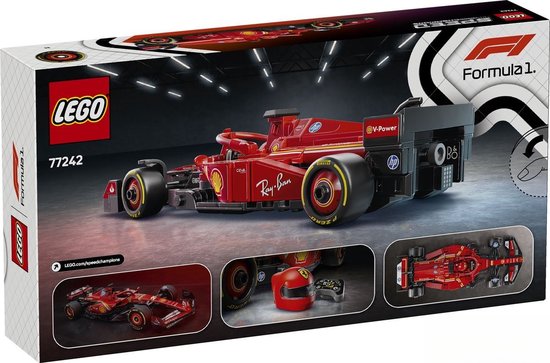 Verpakking van LEGO Speed Champions Ferrari SF-24 F1 racewagen set 77242, met afbeeldingen van de wagen, helm en controller.
