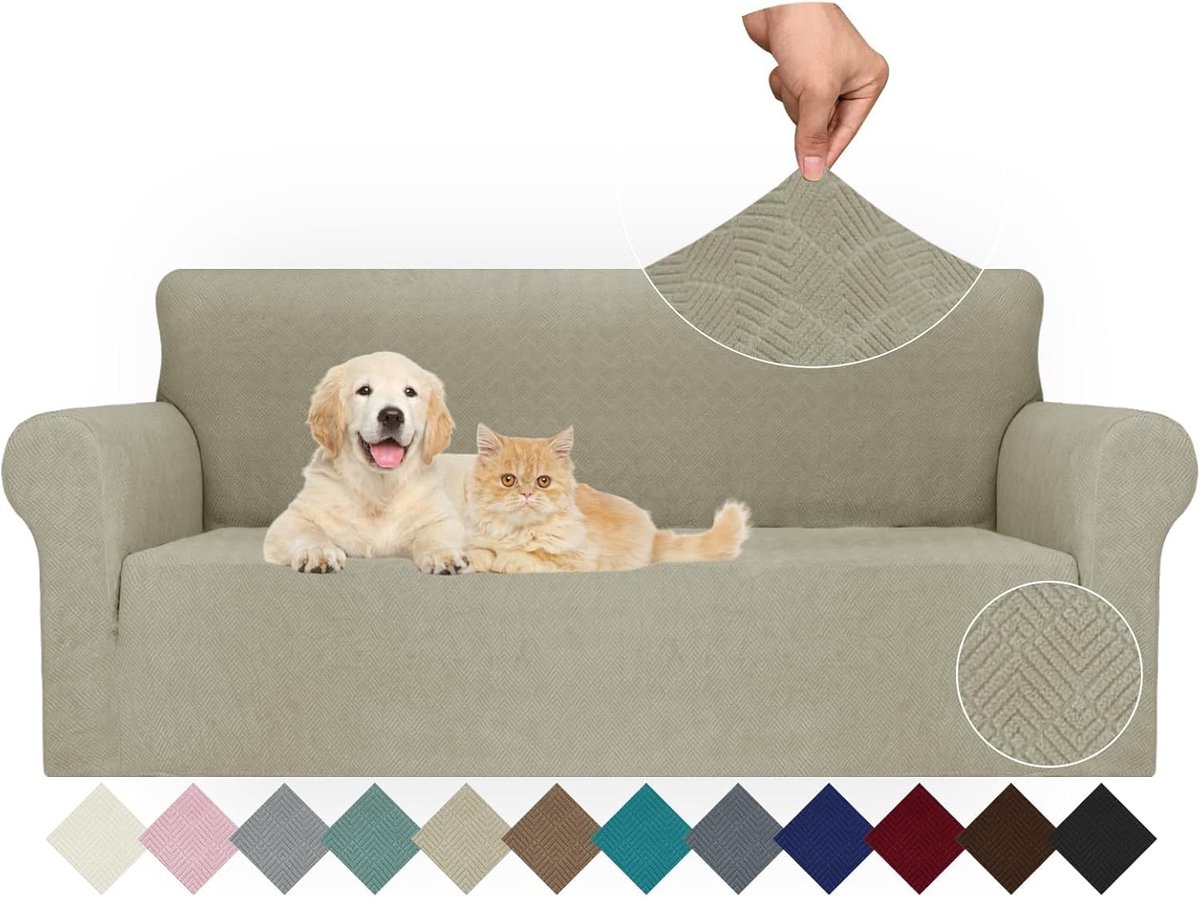 Stretch Sofa Cover voor 3-zitsbank, Universele Elastische Protector, Antislip en Kr scratchbestendig, Ideaal voor Woonkamer, Khaki Kleur