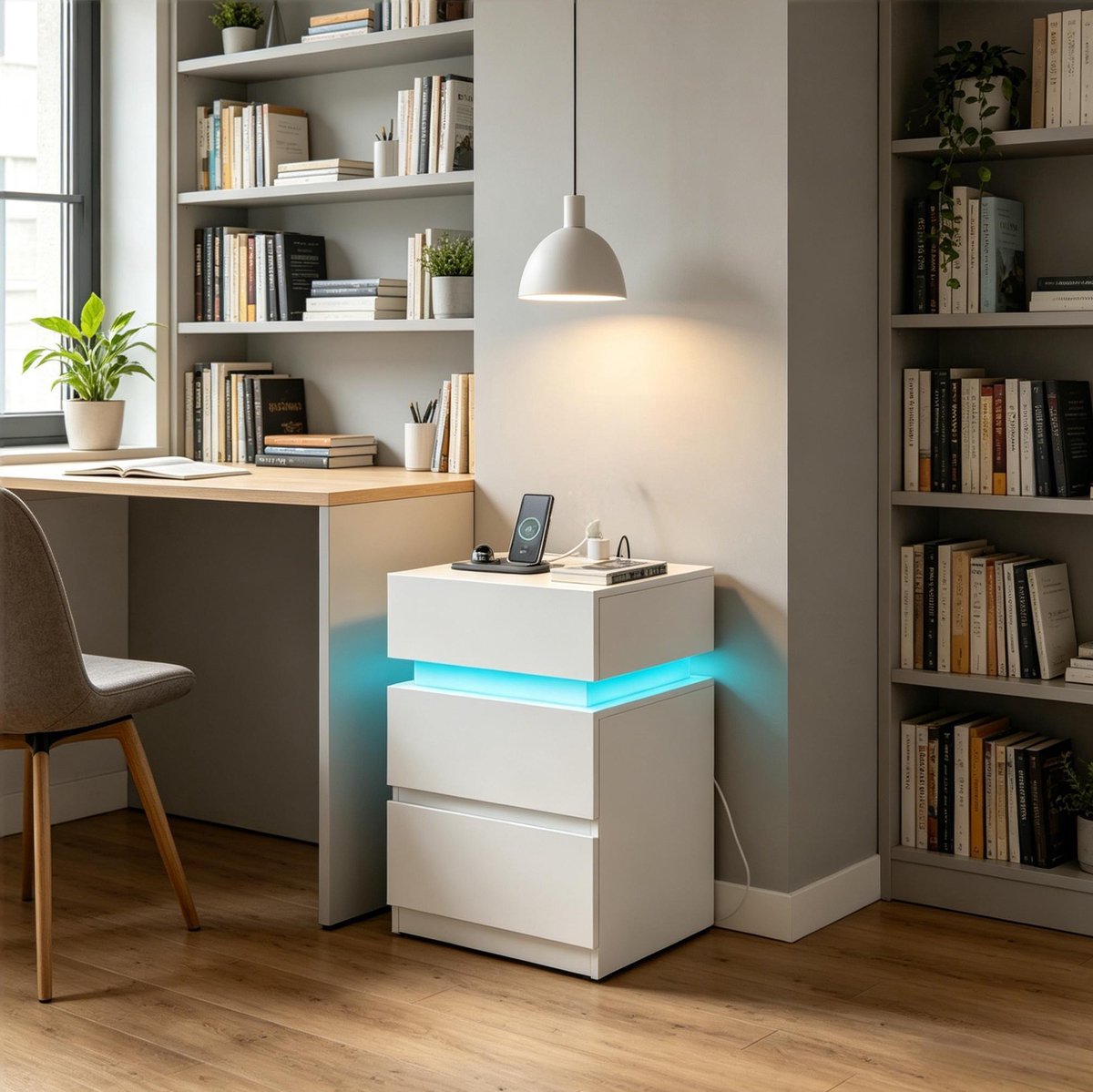 DESMIU Bedtafel - Met Verstelbare Ledverlichting En Oplaadstation - 2-delige Bijzettafel Voor Slaapkamer En Woonkamer - Hout - Wit - 40x35x55 Cm