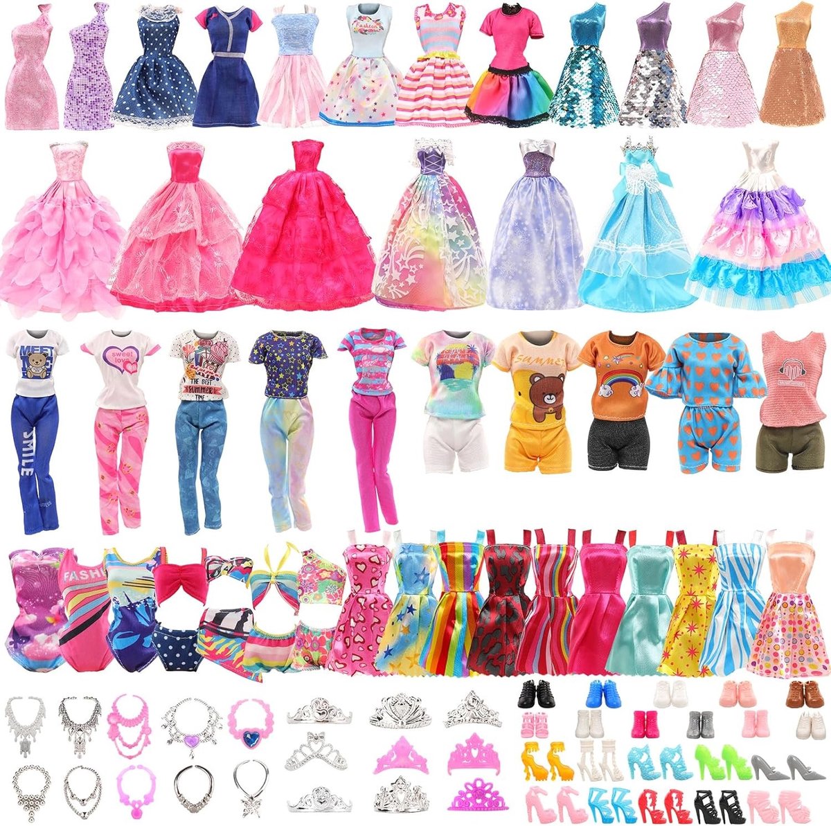 41 Kleding voor Pop: 5 Casual Jurken, 4 Cheerleader Uniformen, 5 Feestjurken, 5 Badpakken, 6 Kettingen, 6 Kroon en 10 Schoenen voor 11,5 Inch Meisjespop