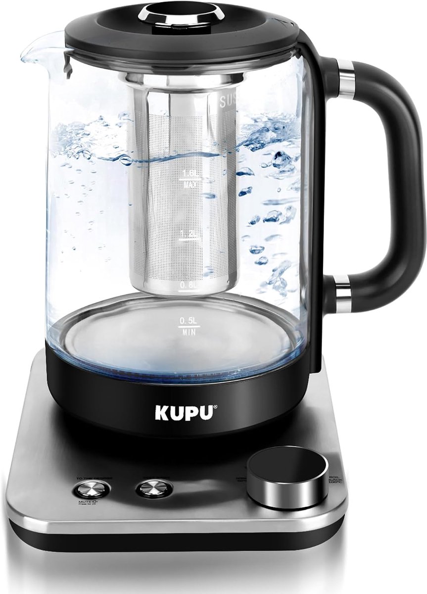 SnelShoppen - Glas Waterkoker 2200 Watt Snel Koken 1.6 L, Kook-Droogbeveiliging, Warmhoudfunctie, Automatische Uitschakeling, Kalkfilter, 360° Basis