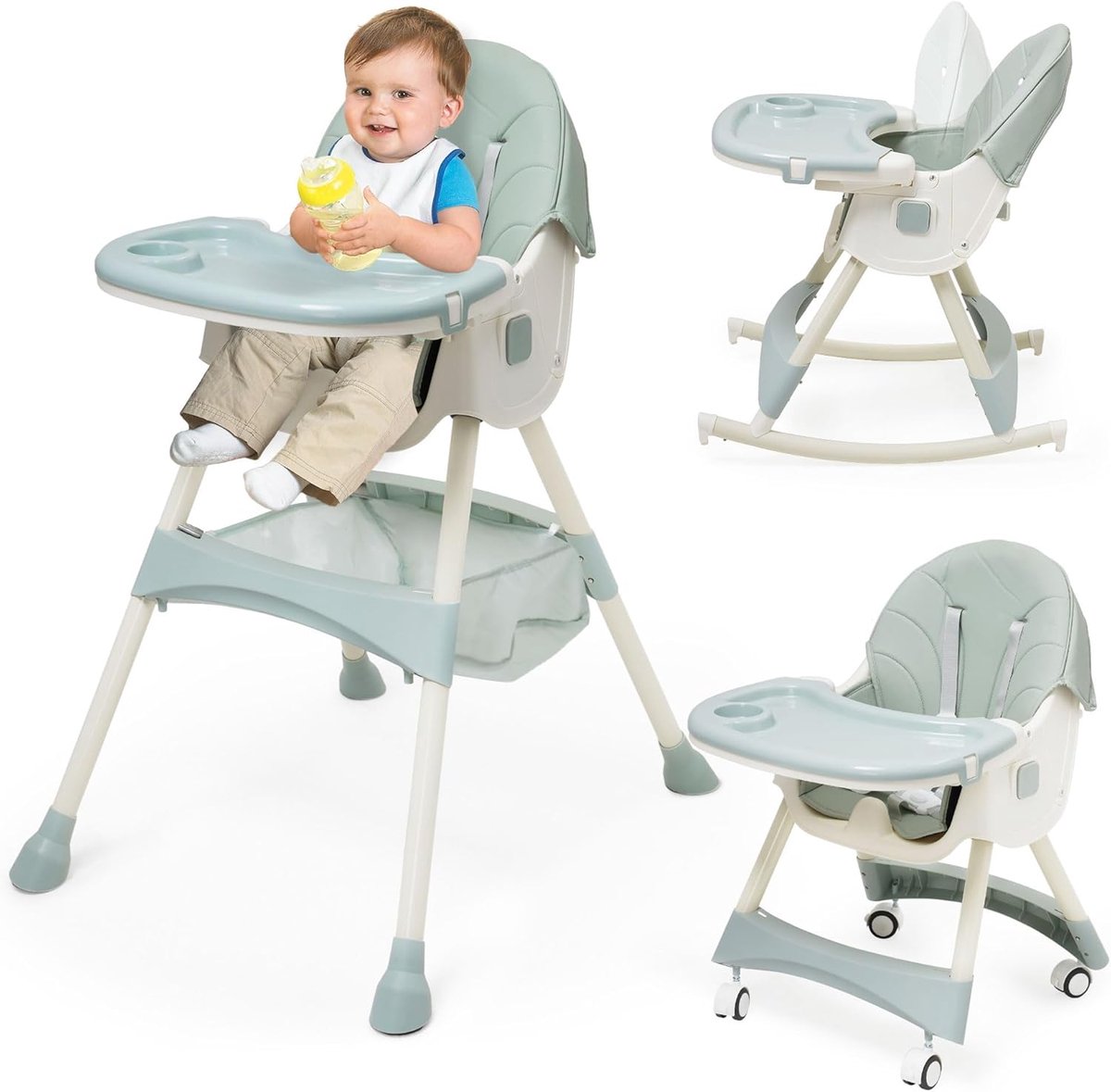 SnelShoppen - Kinderstoel 3-in-1 Verstelbare Wipstoel Babyligstoel en Peuterstoeltje met Afneembaar Dienblad, Inklapbare Eetstoel met 4 Wielen, Groen
