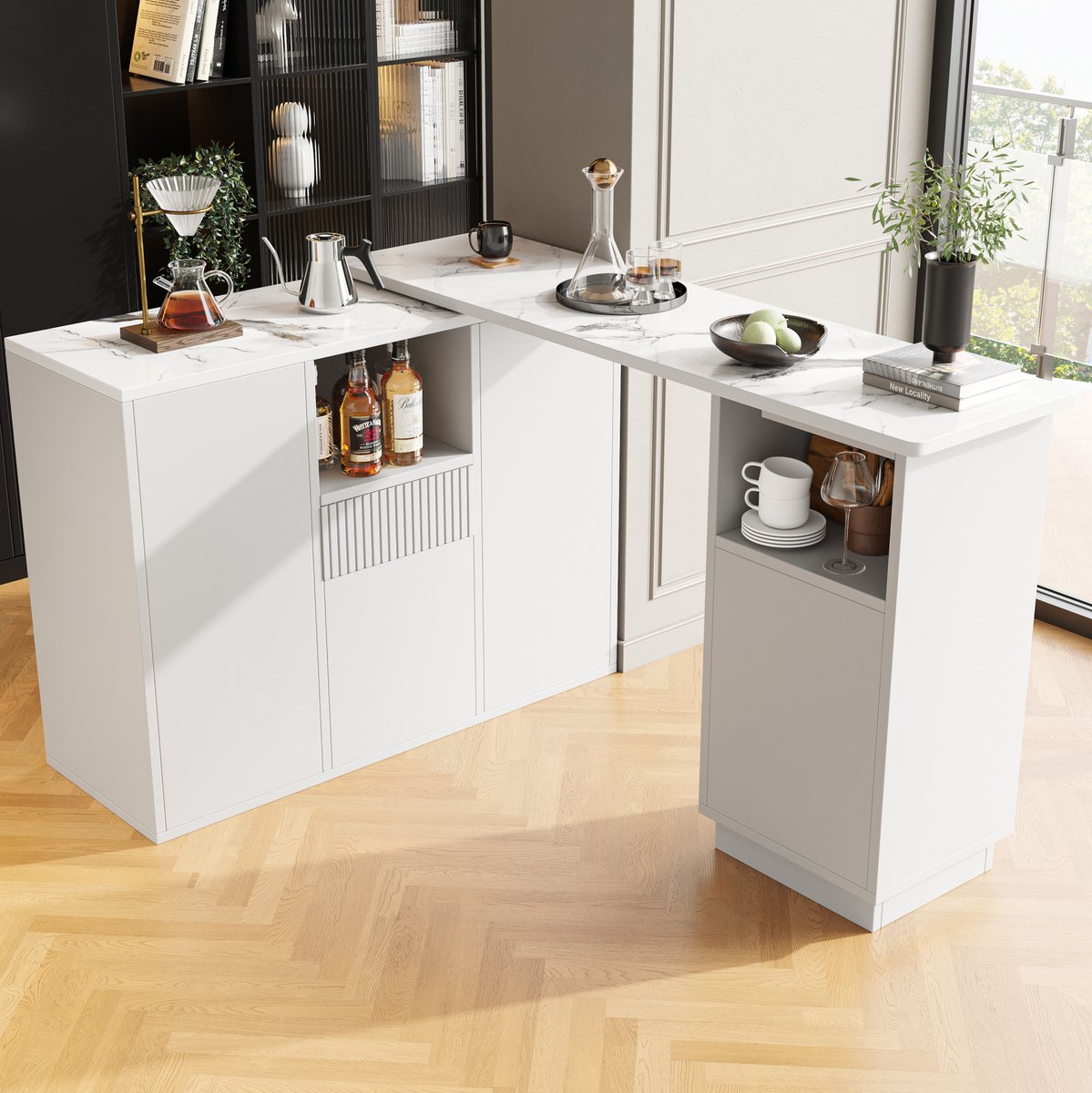 MEUNIQ Keukenkast 360° draaibaar 210 x 30 x 100,9 cm wit, keukeneiland of bartafel met open en gesloten opbergruimte en blad met marmereffect