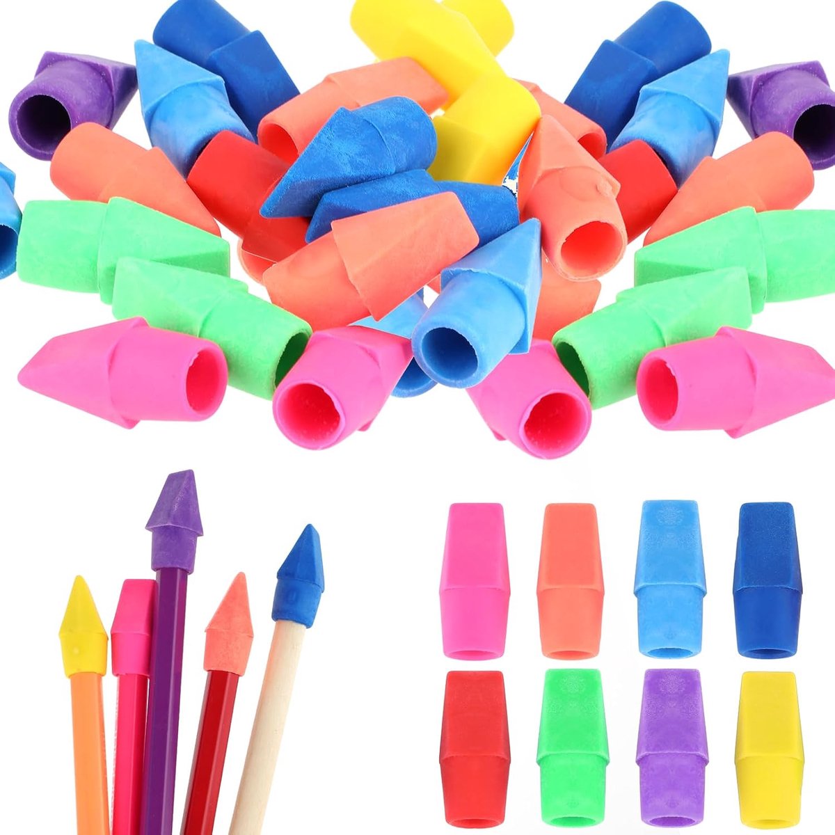 SnelShoppen - 50 Stuks Schattige Gummen met Potlood Caps - Duurzame Gummetjes voor School, Thuis en Kantoor - Neon Kleuren, Compact en Functioneel