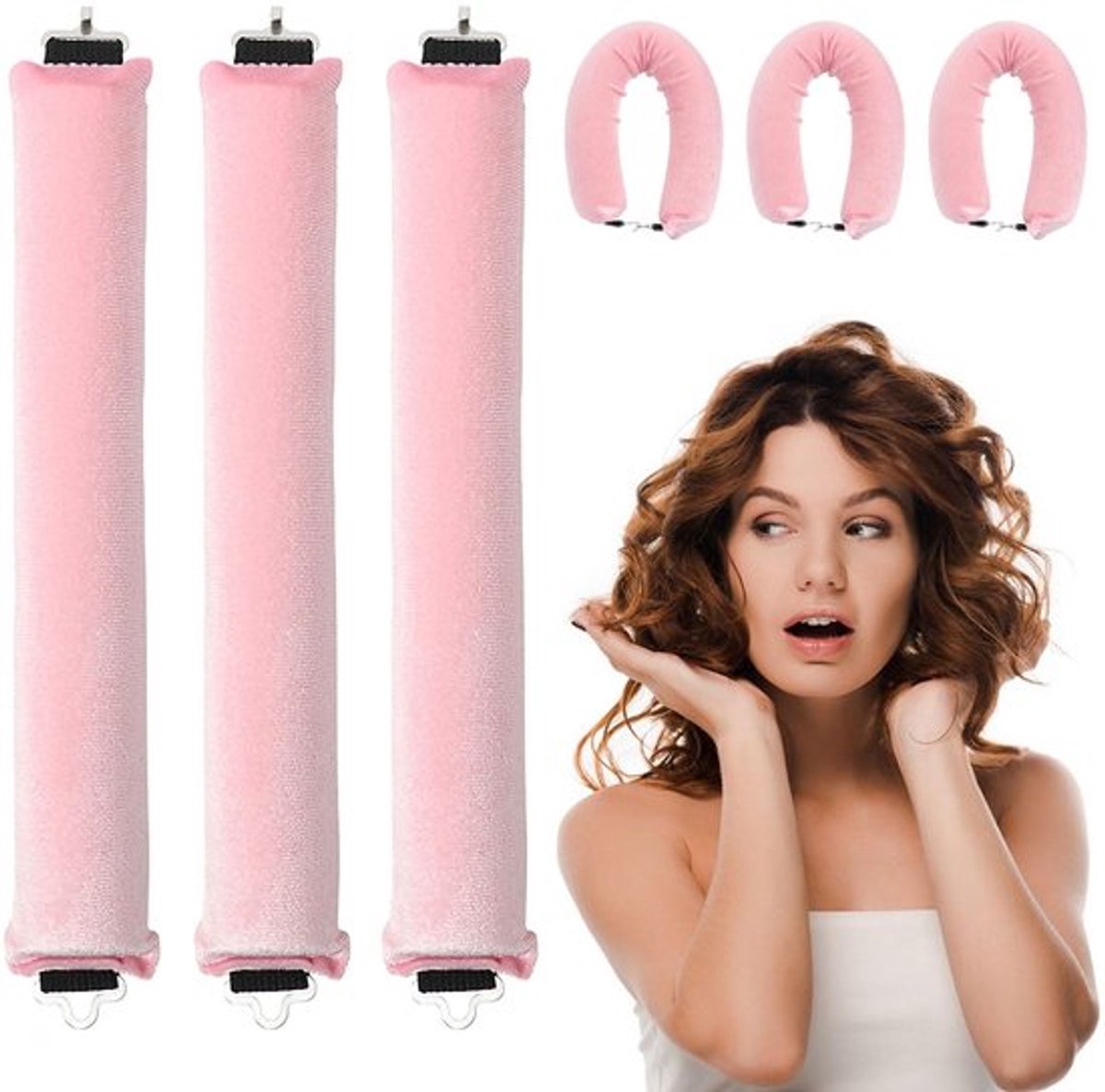 Krultang zonder hitte, 3 stuks, voor 's nachts, grote krullen voor golvende krulstyling, krulspelden zonder hitte, doe-het-zelf styling voor kort en lang haar (roze)