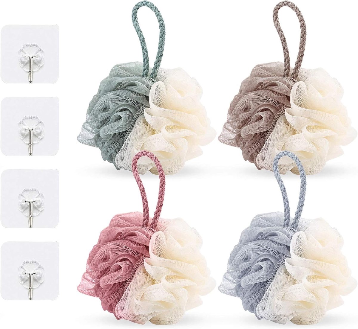 SnelShoppen - 4pcs Bad Sponsen Set, Douche Sponsen, Massage Spons, Bad Accessoires met 4 Haakjes, Zachte Nylon, 13.5 cm, Perfect voor Ontspanning