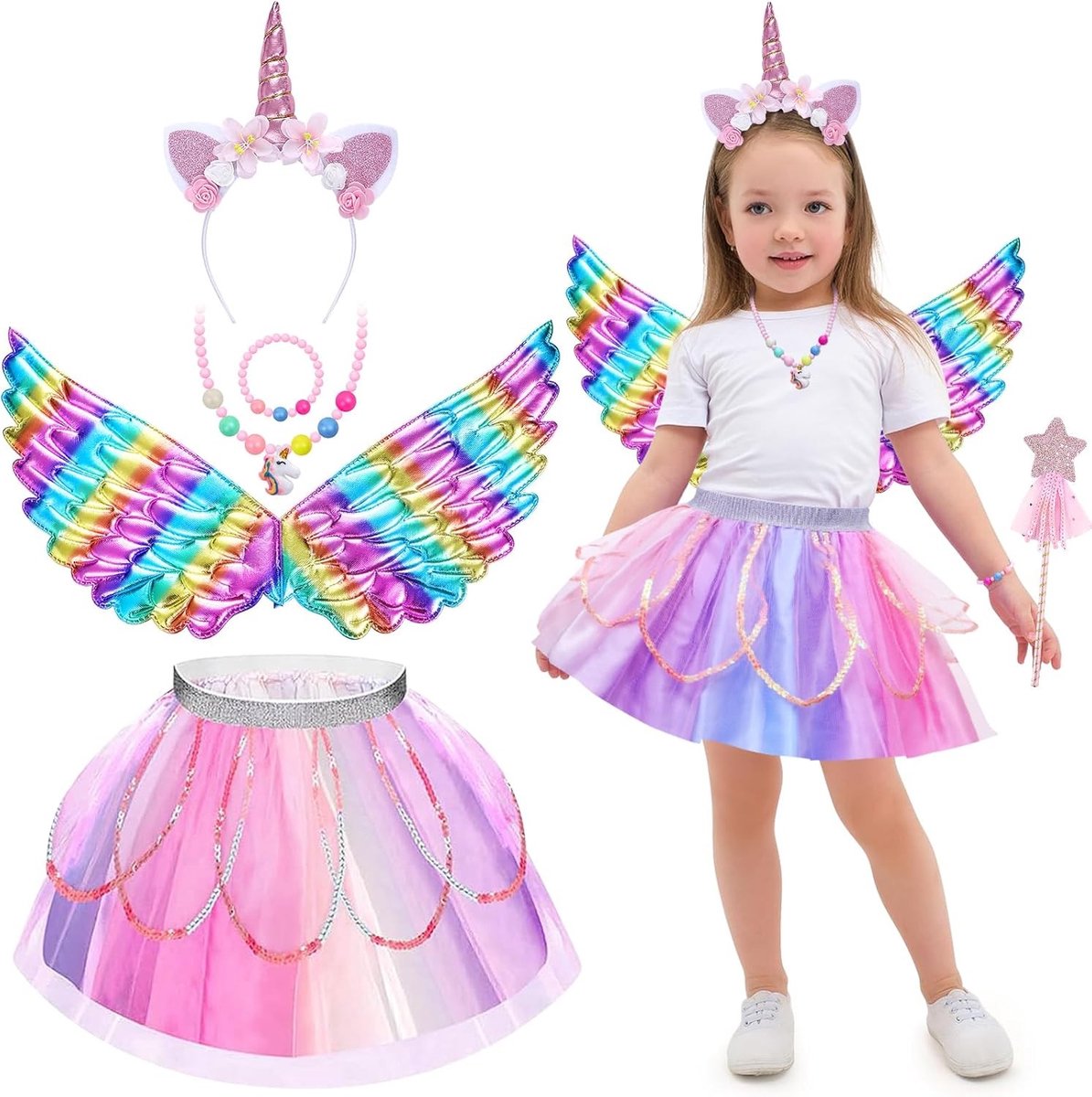 Unicorn Kostuum voor Kinderen met Hoofdband, Vleugels, Tulle Rok en Toverstaf - Magische Prinses Outfit voor Meisjes van 3-8 Jaar voor Halloween en Carnaval