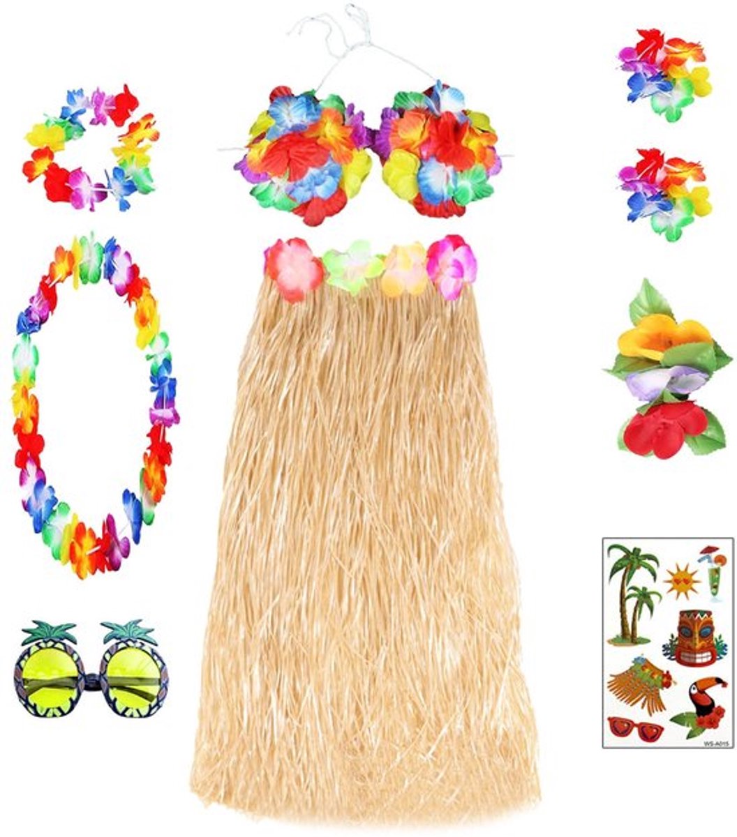 Hula Rok Set - Veelkleurig - 9 Stuks - Bloemenarmbanden/Bloemenhoofdband - Bloem Bikini Top - Ananas Zonnebril - Polyester Materiaal - Tropenoutfit