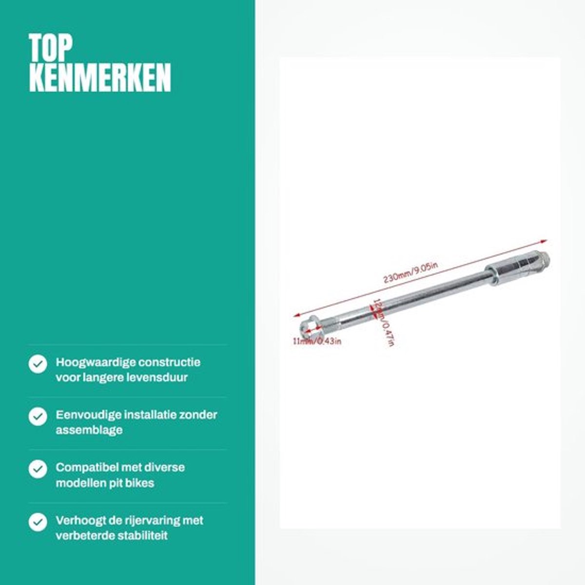 Achterwielas 12Mm - Staal Legering - 230Mm Lengte - 3 Pakkingen - Geschikt Voor Pit Pro - Achteras Onderdelen - As