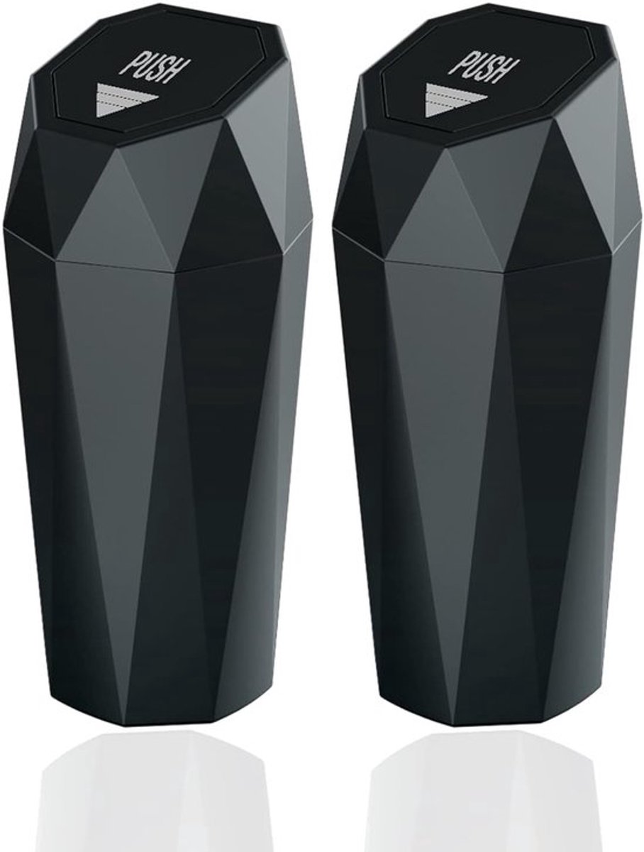 Thijox - Auto prullenbak met deksel, mini diamant ontwerp, draagbare prullenbak voor auto, kantoor, thuis en keuken, compacte zwarte afvalbak (2 stuks