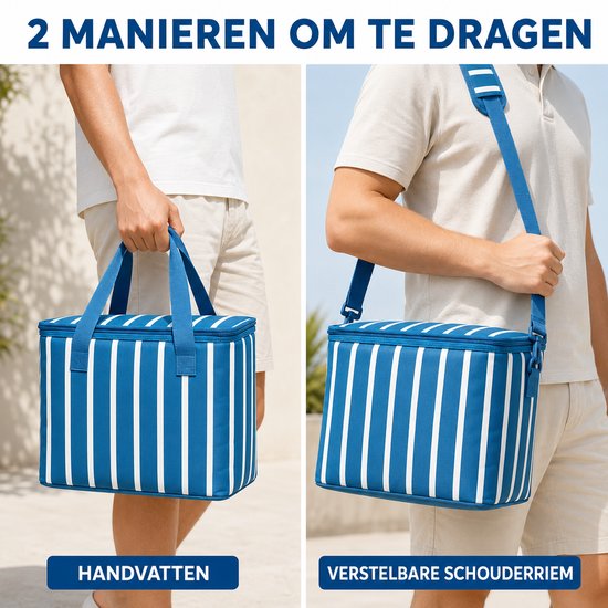 Compacte Koeltas - 30 x 15 x 25 cm - 11 Liter - Met 2 Handvatten En Een Verstelbare Schouderriem - Blauw & Wit van Merkloos — afbeelding 5