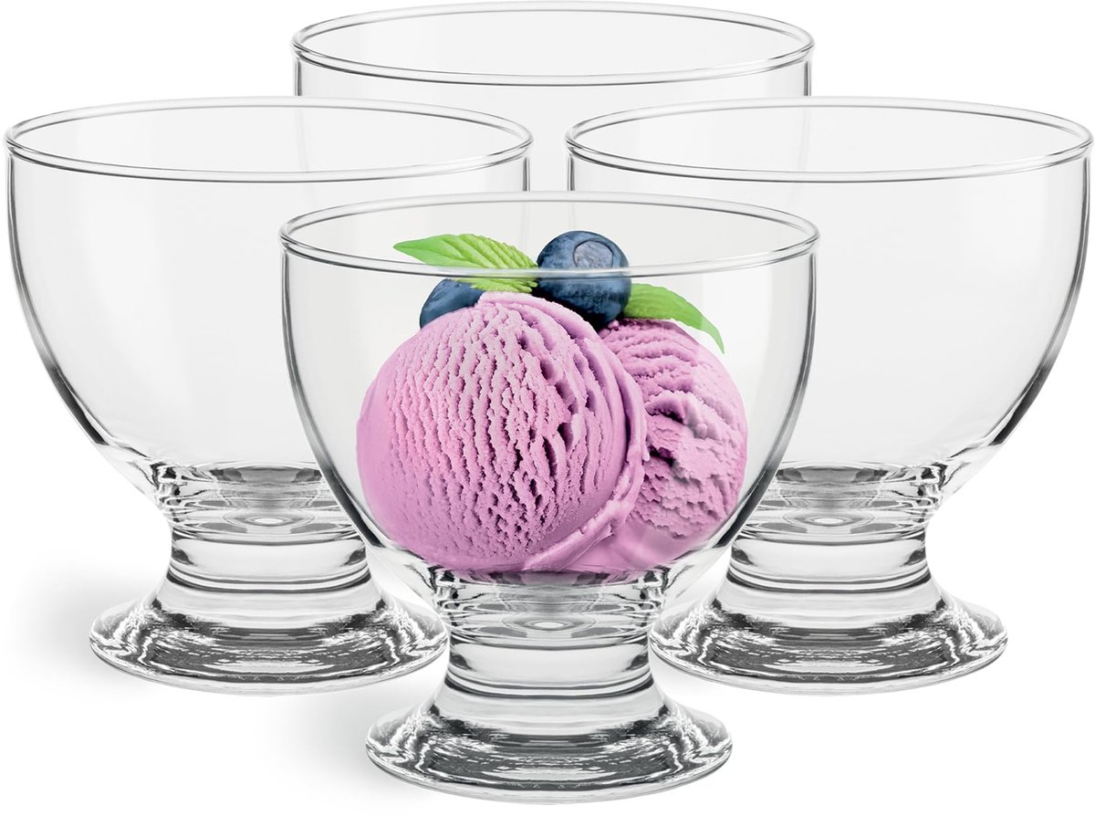 SnelShoppen - Set van 4 Glazen IJscoupes 500 ml Dessertschalen op Voet voor Fruit en Pudding - Transparant Soda-Lime Glas - Vaatwasmachinebestendig -